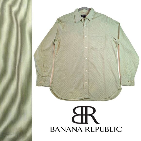 Banana Republic Green & White Striped Button Down Shirt, Size Large 16-16.5 - Picture 1 of 7